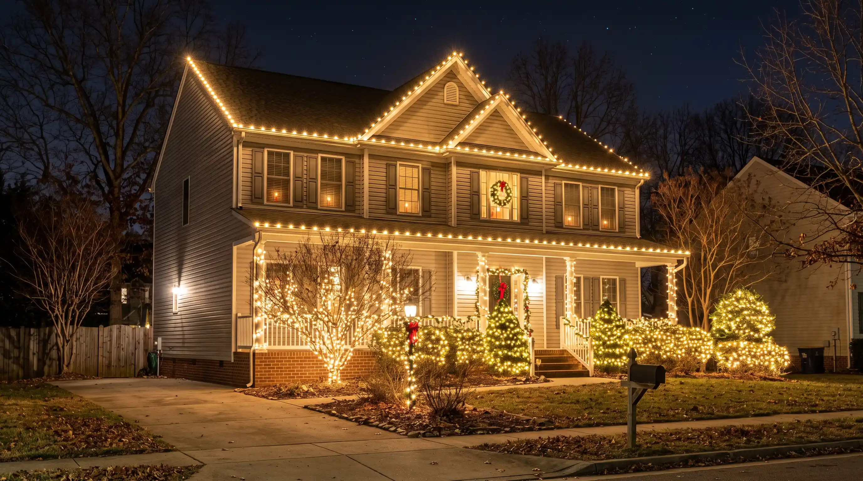 Wrapped shrubs and a lit front yard tree beside a white vinyl sided home outlined in warm white Christmas lights