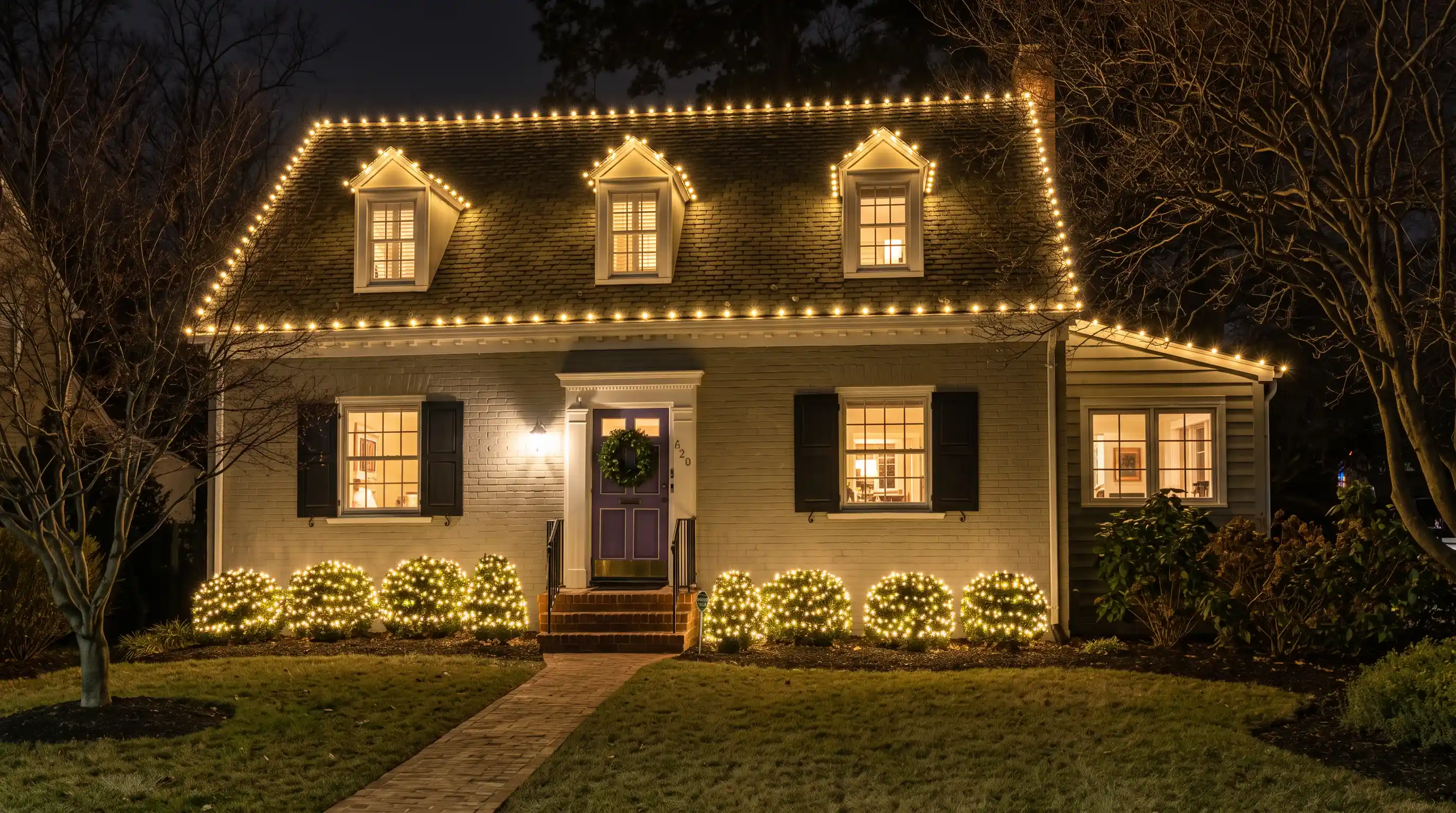 Warm white C9 LED Christmas lights outlining the roofline and dormers of a brick cape cod home at night
