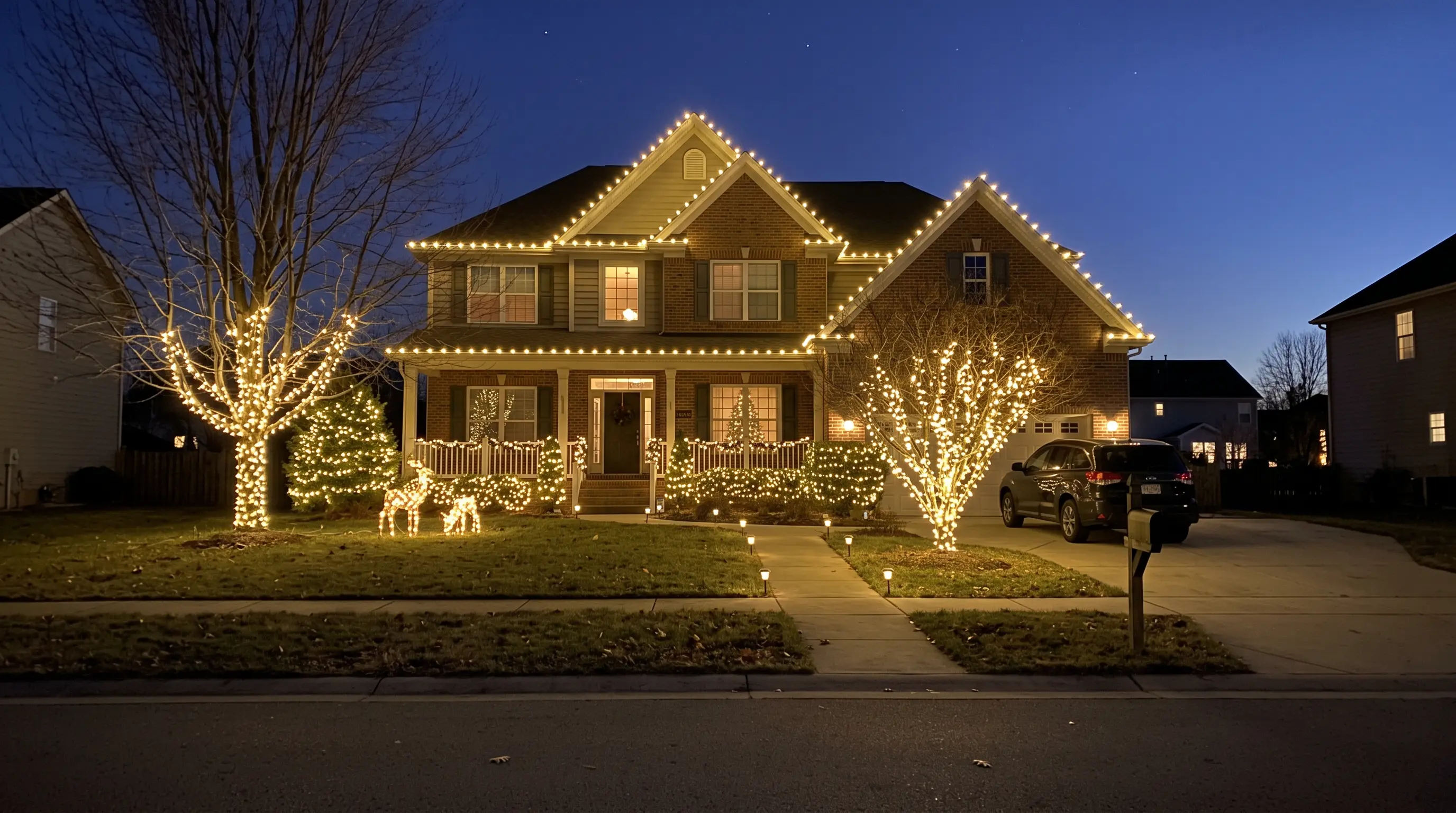 Lit walkway stakes and landscape accents leading past wrapped trees to the front porch of a Midlothian home