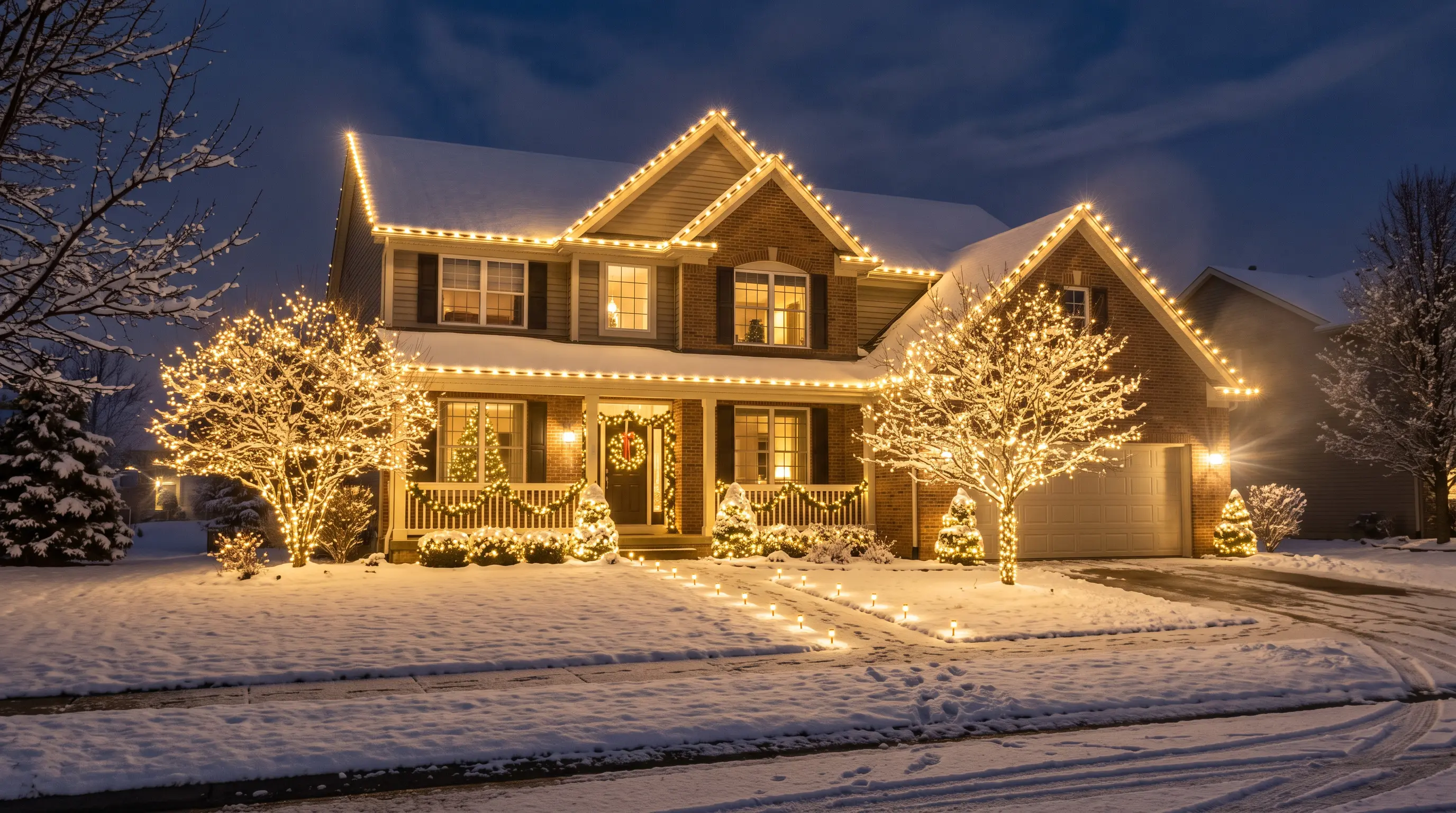 Commercial-grade warm white C9 LED Christmas lights glowing evenly across the roofline, trees and walkway of a two story home on a snowy night